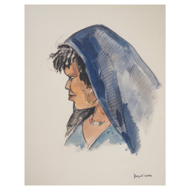 Jacques Nam, Model With Large Eyes, 1930, Watercolor For Sale