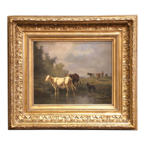 19th C. Spanish Oil Painting of Cattle Signed Antonio Cortes in Giltwood Frame