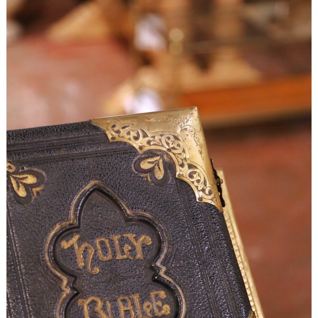 English 19th Century English Leather Bound Holy Bible With Brass Mounts and Clasps For Sale - Image 3 of 14