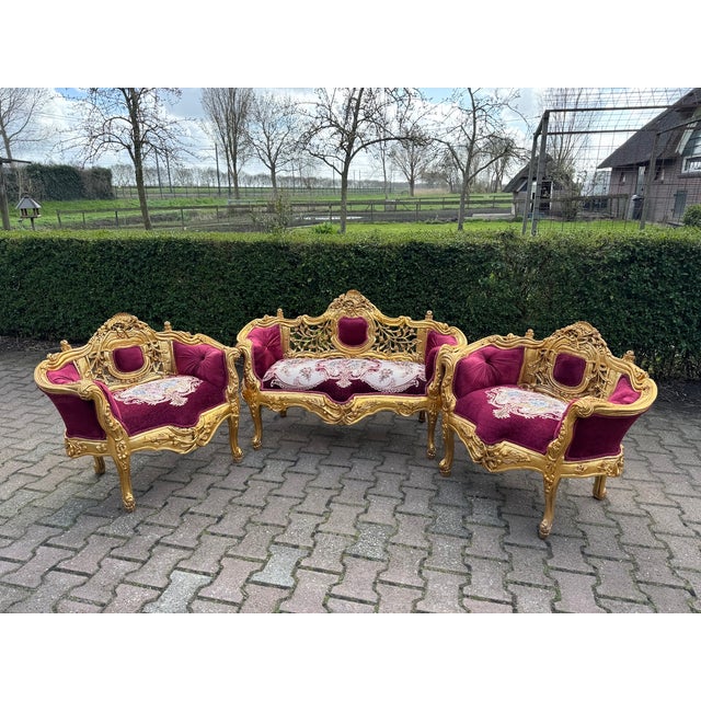 1980 French Louis XVI Gold Velvet Beech Sofa Set 3Pc For Sale - Image 6 of 18
