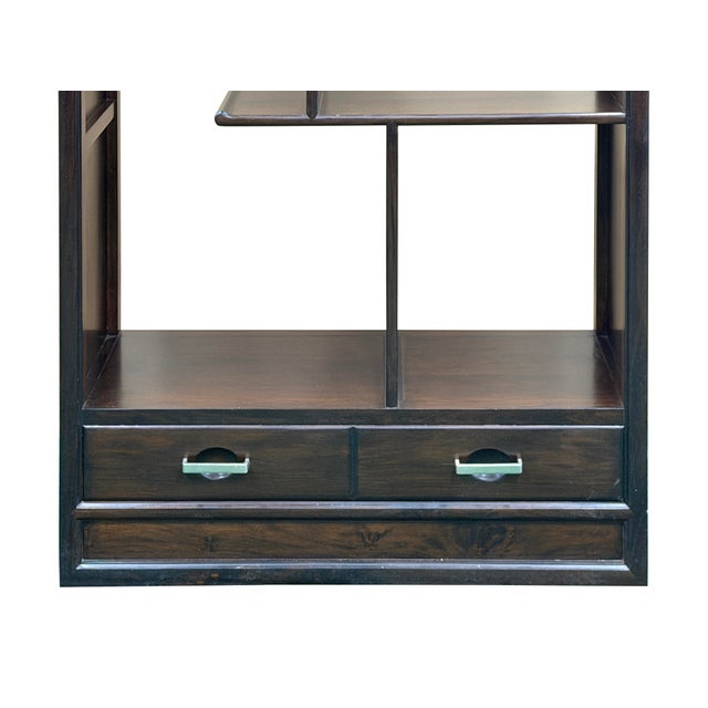 Pair Asian Inspired Asymmetrical Dark Brown Shelving Display Cabinet Divider For Sale - Image 11 of 14