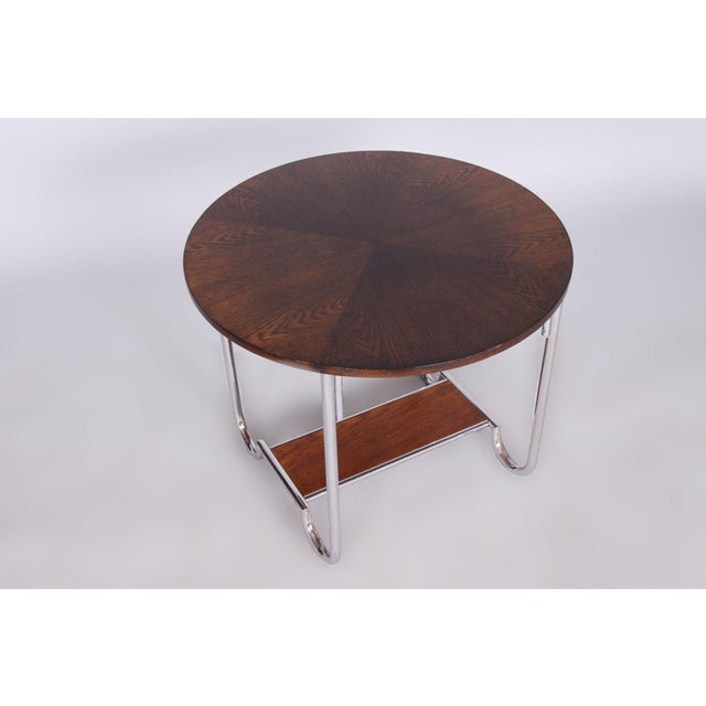 Small Czech Bauhaus Round Oak and Chrome-Plated Steel Side Table, 1930s For Sale - Image 4 of 10