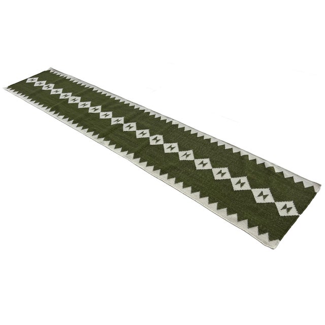 Mid-Century Modern Handmade New Zealand Wool Dhurrie Runner, Olive Green and Cream Geometric Runner Rug- 2'x9' For Sale - Image 3 of 12