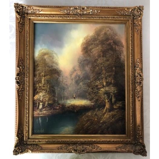 Vintage Signed Romantic Landscape Oil Painting in Ornate Gilt Frame For Sale In Charlotte - Image 6 of 11