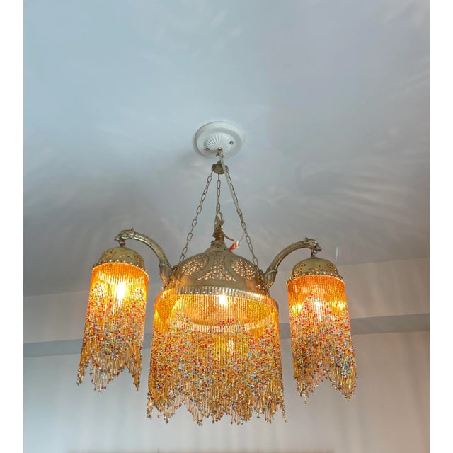 Vintage Brass Chandelier With Colorful Glass Beads For Sale - Image 4 of 12