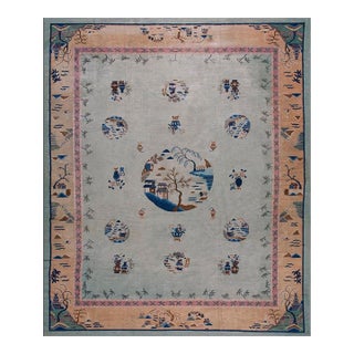 1920s Sky Blue Classical Pictorial Antique Chinese Peking Carpet 10'4" X 12'8" Knotted Wool Rug For Sale