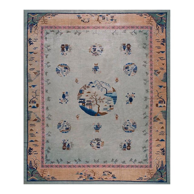 1920s Sky Blue Classical Pictorial Antique Chinese Peking Carpet 10'4" X 12'8" Knotted Wool Rug For Sale