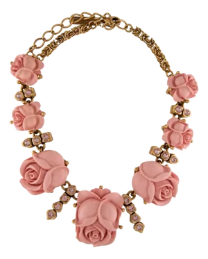 1990s Oscar De La Renta Necklace Pink Roses Resin Crystal Haute Couture Floral Runway