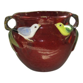 Vintage Majolica French Country Dark Red With Birds Double Handle Cachepot 5.5" Tall For Sale