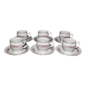 Late 20th Century Concordia Lesov Bohemian Fine Bone China Teacups & Saucers Set- 12 Pieces