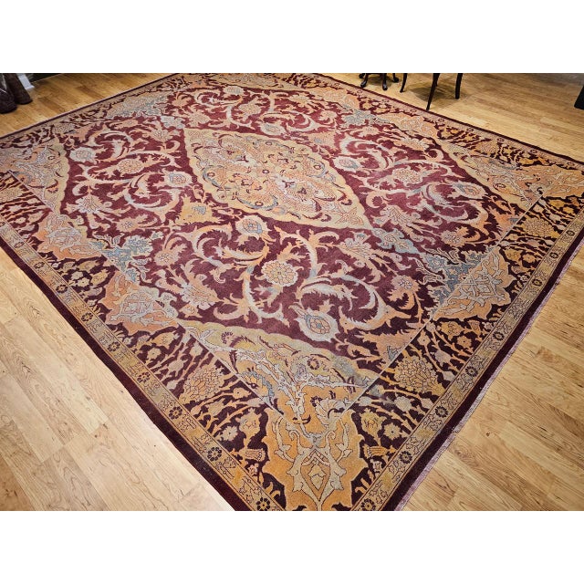 19th Century Handwoven Amritsar Rug, Handwoven Wool, Mughal Design, Burgundy & Tan, 12' X 14' For Sale - Image 9 of 18
