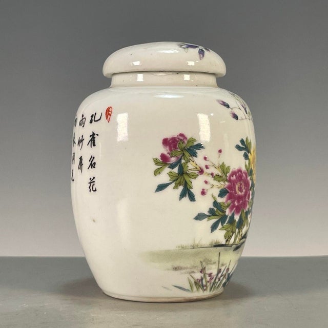 Chinese Vintage Famille Rose Porcelain Tea Jar With Lid – Peacock, Peony & Magnolia Motif For Sale - Image 3 of 9