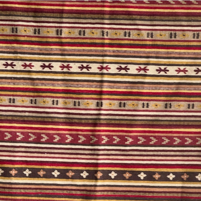 Large Indian White Rug with Red, Yellow and White Stripes and Geometric Friezes, Base, 1980s For Sale - Image 4 of 18