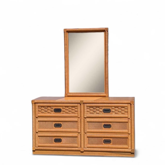 Mid-Century Modern Vintage Dixie Rattan and Wood Six-Drawer Dresser With Mirror 1960s For Sale - Image 3 of 15