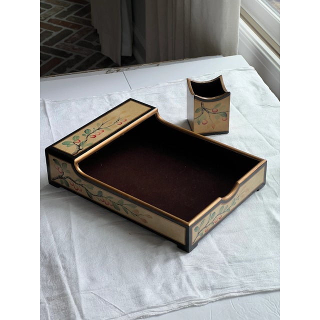 Chinoiserie Black & Gold Desk Set With Cherries For Sale In Raleigh - Image 6 of 7
