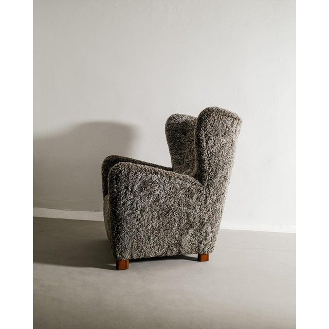 Wood Early Mid-Century Danish Modern Wingback Armchair in Grey Sheepskin by Thorald Madsen, 1940s For Sale - Image 7 of 7