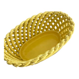 Bright Yellow Vintage Ceramic Braided Basket Made in Spain For Sale