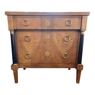 Vintage Baker Furniture Neoclassical Walnut Chest of Drawers Brass Pulls Black Accents For Sale