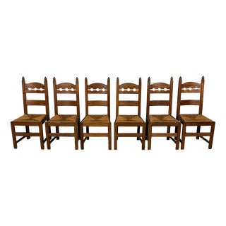 Rustic Oak Razor High Back Dining Chairs, 1960s, Set of 6 For Sale