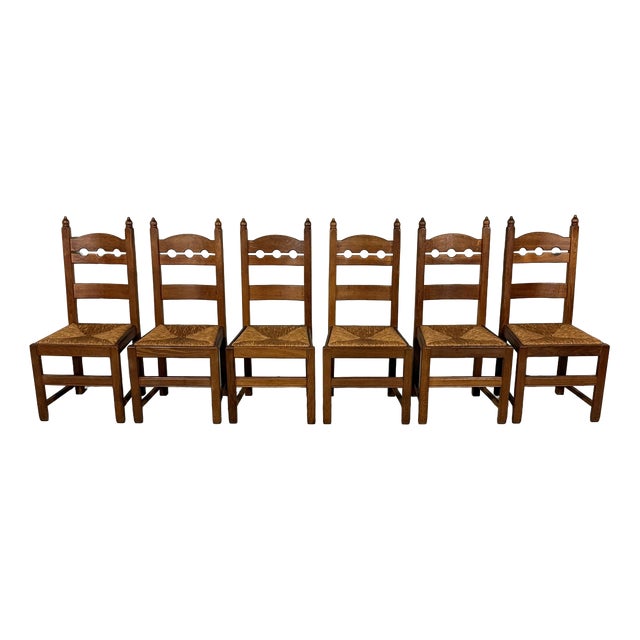 Rustic Oak Razor High Back Dining Chairs, 1960s, Set of 6 For Sale