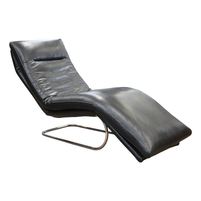 W. Schillig Daily Dreams Black Leather & Chrome Cantilever Chaise Lounge Chair For Sale