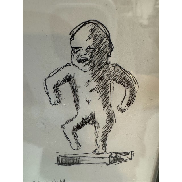 Small black ink sketch depicting the famous Sinnataggen, or “Angry Child,” sculpture from Gustav Vigeland’s sculpture...