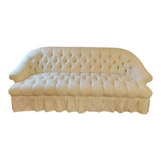 20th C Baker Furniture Cream Damask Button Tufted Sofa For Sale