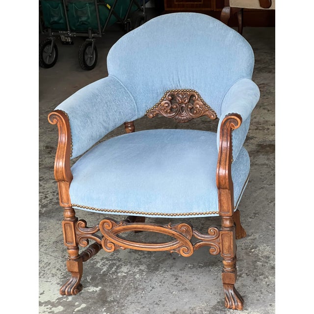 Antique Carved Wood Upholstered Arm Chair C. 1920 For Sale - Image 9 of 9