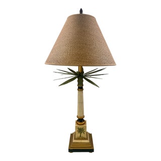 Vintage Palm Beach Regency Style Hand Painted Palm Tree Column Table Lamp With Shade For Sale