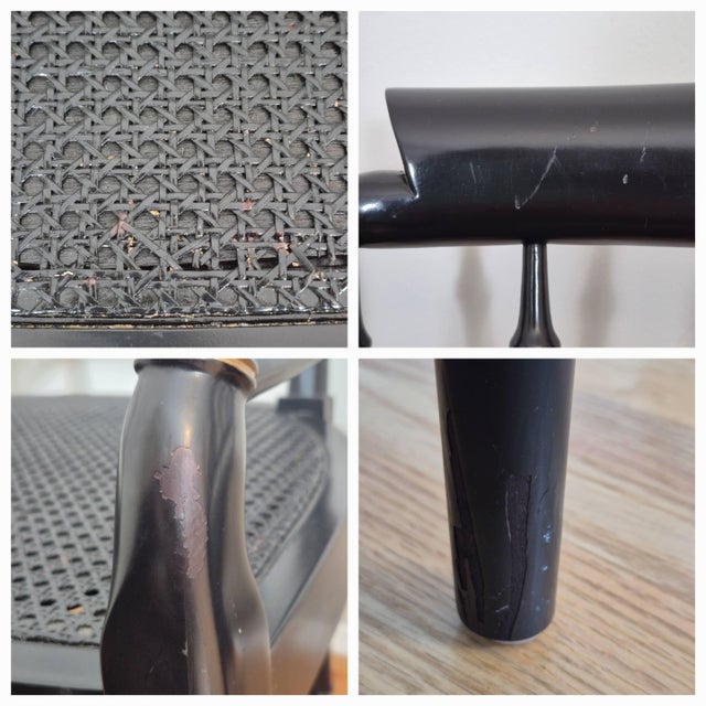 Late 20th Century Baker Furniture Attrib. Black & Gold Regency Faux Bamboo Cane Seat Arm Chairs, a Pair For Sale - Image 10 of 11