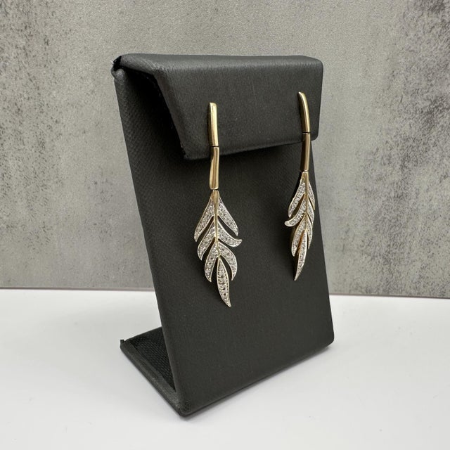 Contemporary Diamond Leaf Dangle Earrings 14kt Yellow Gold 0.31ctw 2.1in 6.9g, Pair For Sale - Image 3 of 6