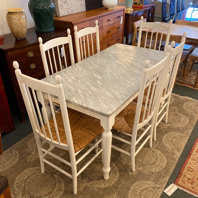 Summer House Italian Marble Dining Table + Set of Six Rush Seat Chairs