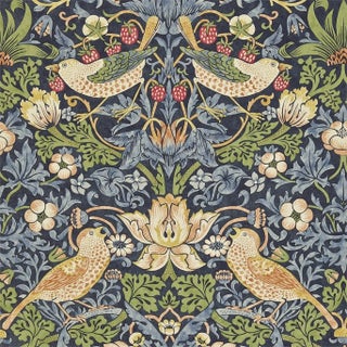 Morris & Co Strawberry Thief Wallpaper in Indigo/Mineral For Sale