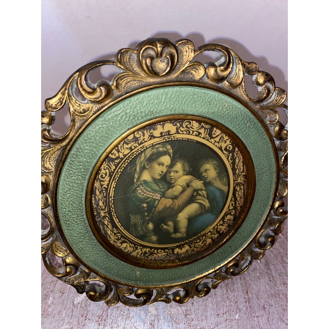 Antique Gilt Brass Green Round Frame National Brass and Iron Works With Print of Mary Jesus John the Baptist Nb and Iw The...