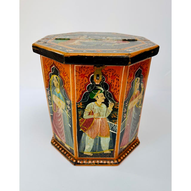 Striking vintage Indian dowry box or storage chest, hand painted throughout with richly detailed Mughal-style figures,...