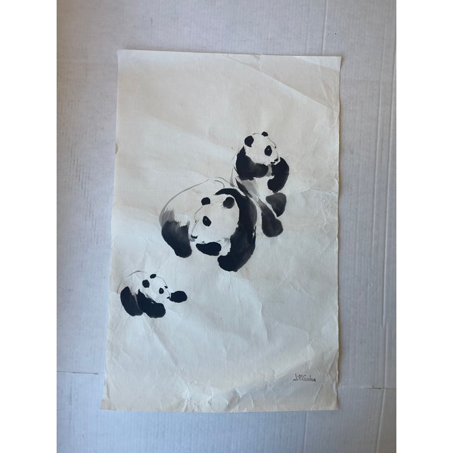Chinese Vintage Chinese Brush Painting of Panda Family by j.p. Gaston - Sumi-E Style Wildlife Ink Art on Rice Paper. For Sale - Image 3 of 9