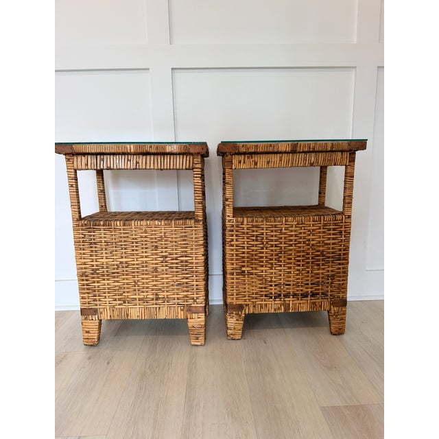 Vintage Rattan Nightstands with Custom Glass Top, Pair For Sale - Image 4 of 6