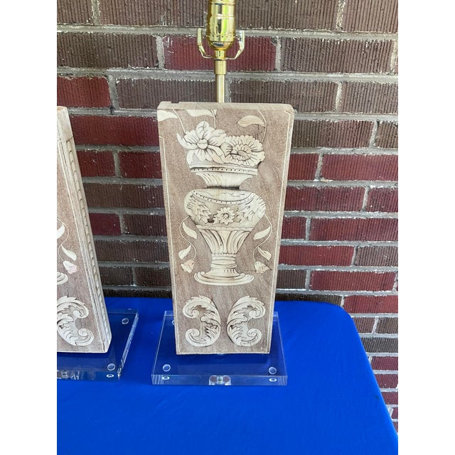 Rustic Pair Antique Bleached Marquetry Architectural Fragment Lamps W/Lucite Bases For Sale - Image 3 of 9