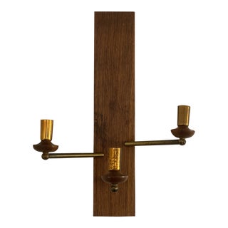 Mid-Century Modern Walnut and Brass Wall Candle Holder Sconce For Sale