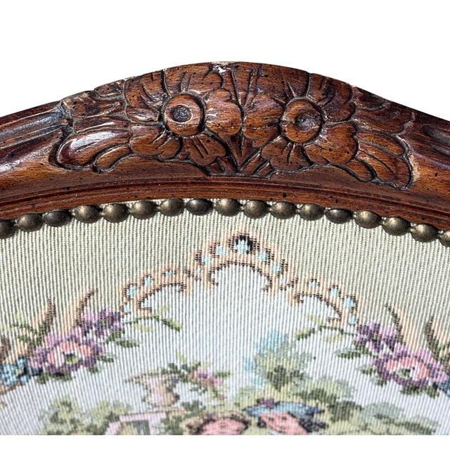 Vintage French Louis XV–Style Carved Wood Tapestry Armchair For Sale - Image 4 of 12