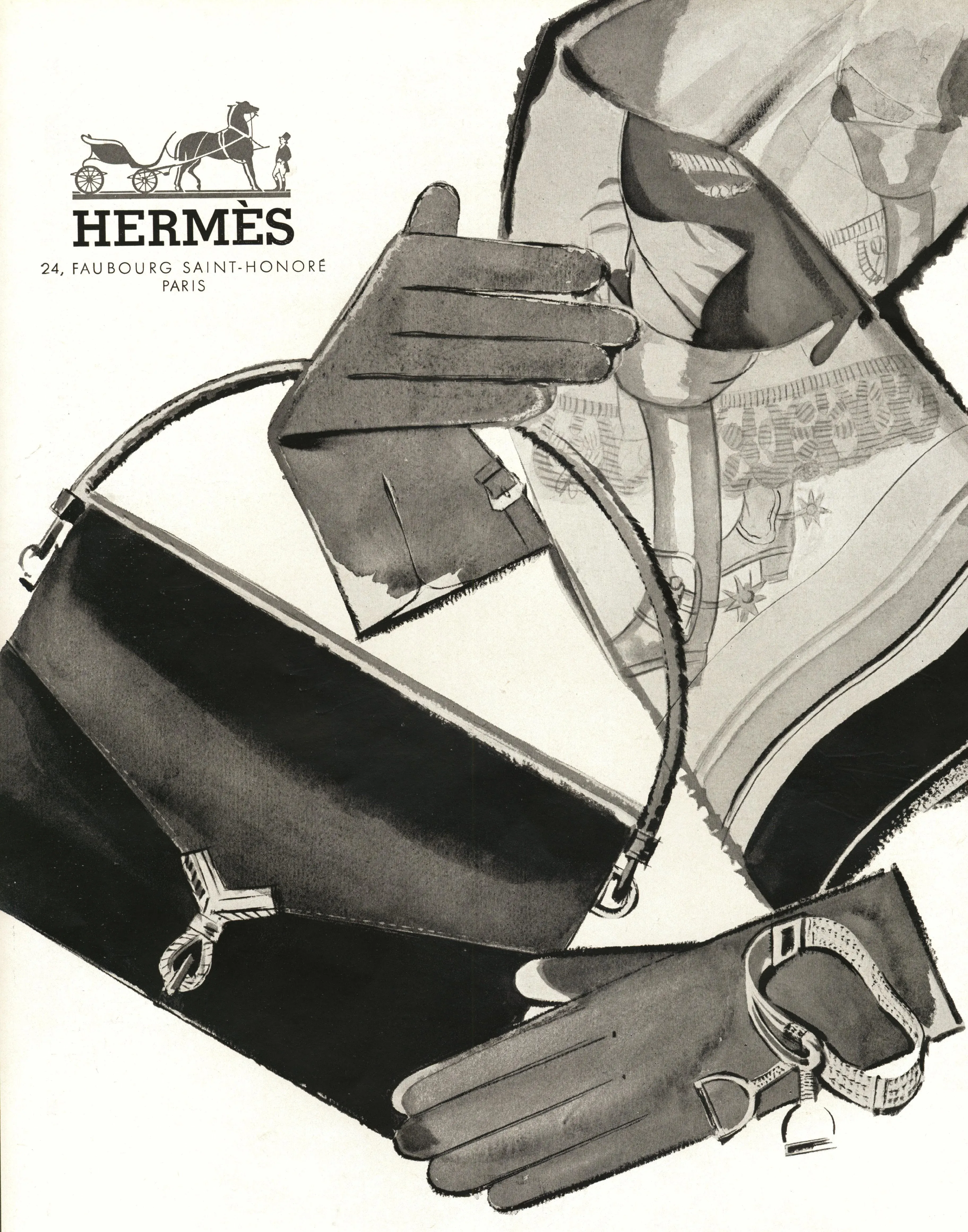 1956 French Hermes Advertisement Print-Handbag Glove, Scarf
