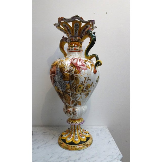 Renaissance Style Hand-Painted Majolica Vase with Flowers and Dragon-Shaped Handles from Nove Bassano, Italy, 1950s For Sale - Image 6 of 17