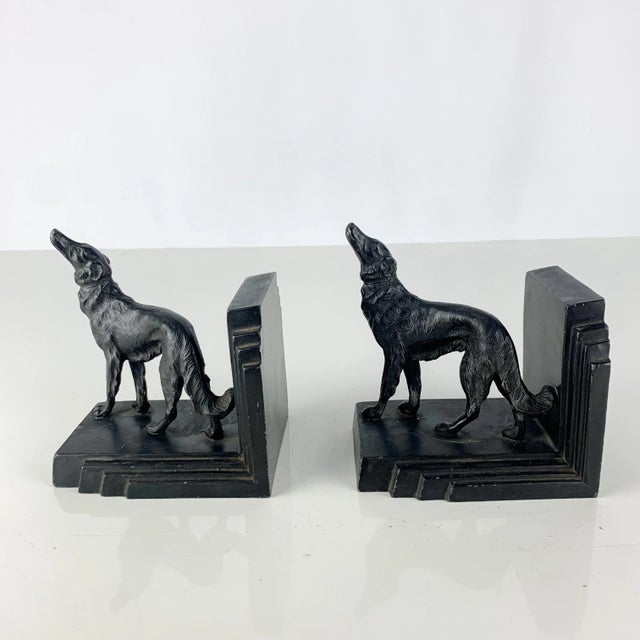 Vintage Pair Cast Metal Borzoi Ronson Black Dog Figure Bookends Art Deco Bronze For Sale - Image 11 of 12