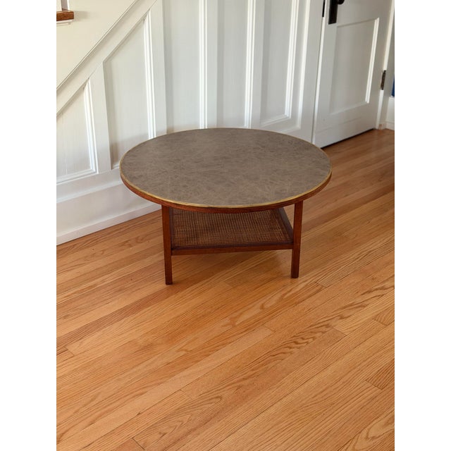 Brown 1950s Mid Century Modern Paul McCobb Walnut Wood & Cane Round Coffee Table For Sale - Image 8 of 14