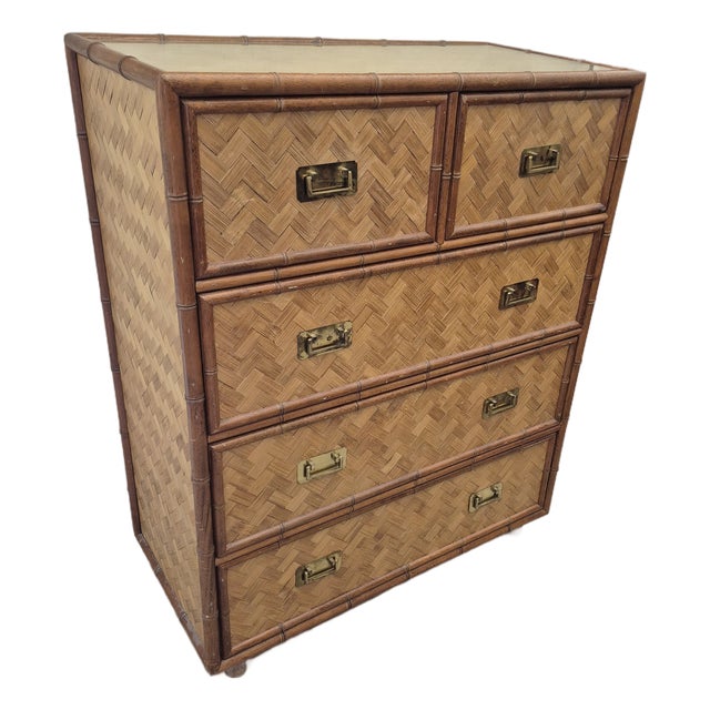 Vintage Itailian Grasscloth and Faux Bamboo Chest of Drawers For Sale
