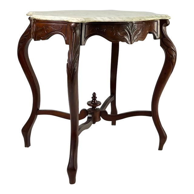 Late 19th Century Victorian Rococo Revival Carved Walnut & Marble Top Parlor Table For Sale