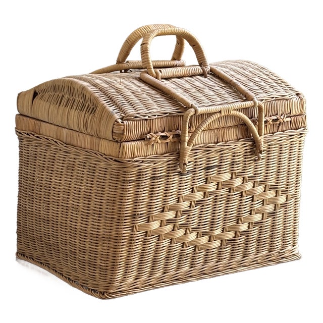 Mid 20th Century Vintage Natural Woven Wicker Carrying Case Basket For Sale