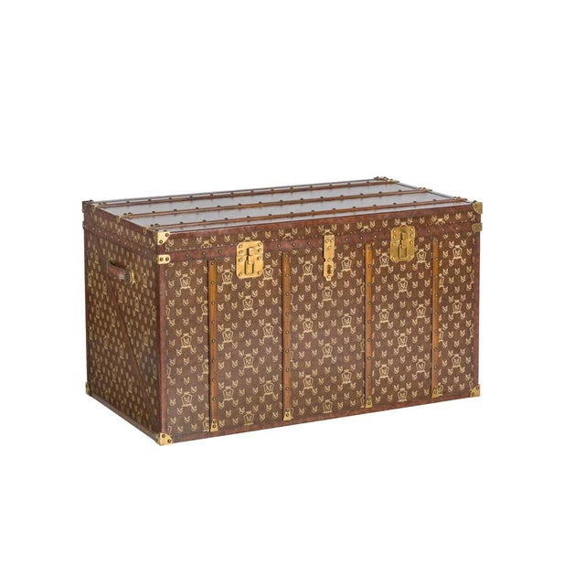 Aged Regency Finished Louis Trunk, Florentine Finish on Leather with Maitland-Smith Logo, Antique Brass Accents