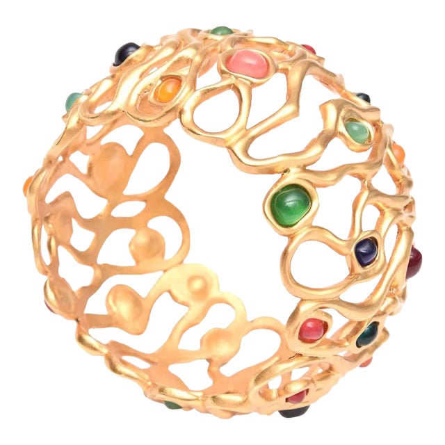 Vintage Gold Plated Cuff Bracelet With Jewel Tone Glass Stones 80's For Sale