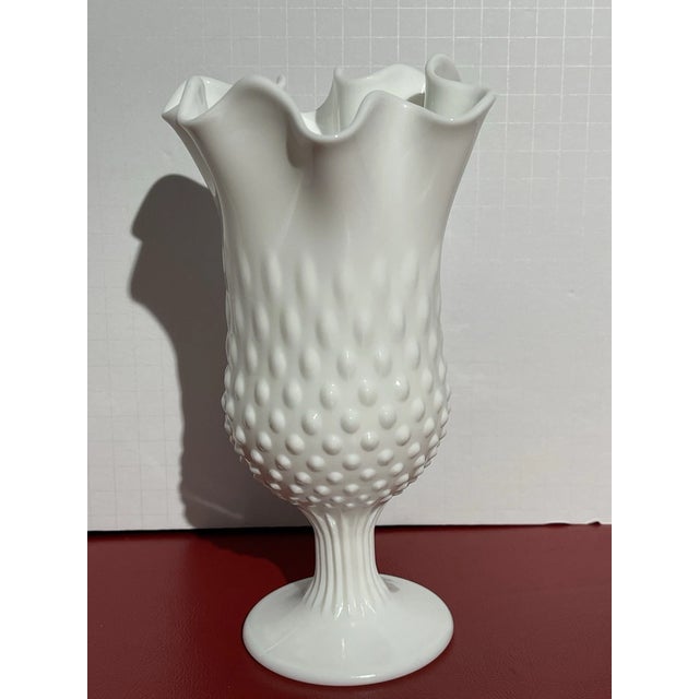 Glass Vintage Fenton Milk Glass Vase Hobnail Handkerchief Swung Vase For Sale - Image 7 of 8